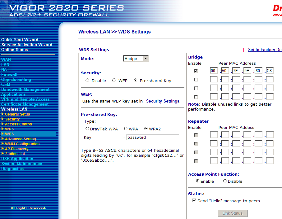 Vigor2820 WDS Settings